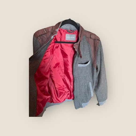 Slate & Stone Poly Wool Blend Jacket Gray Herringbone W/Brown Accents Mens Small - Picture 2 of 16